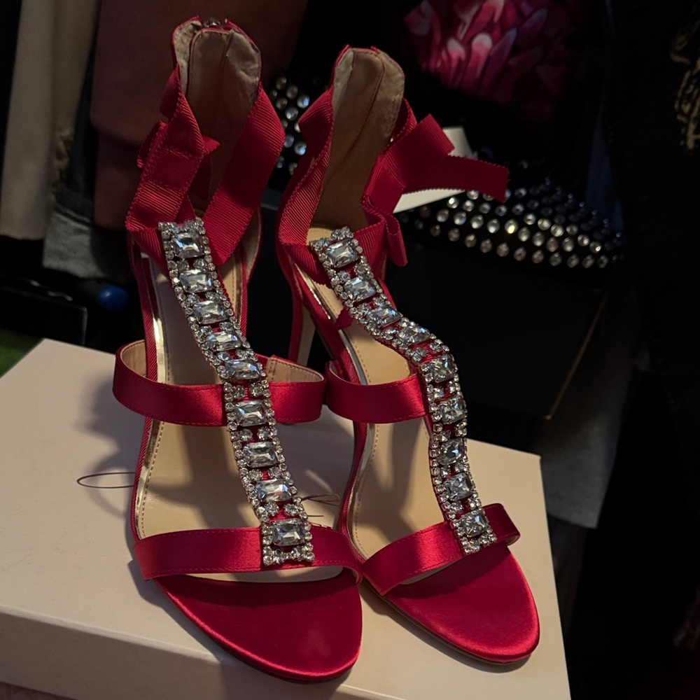 Badgley Mischka Red Satin Heels with Rhinestones
